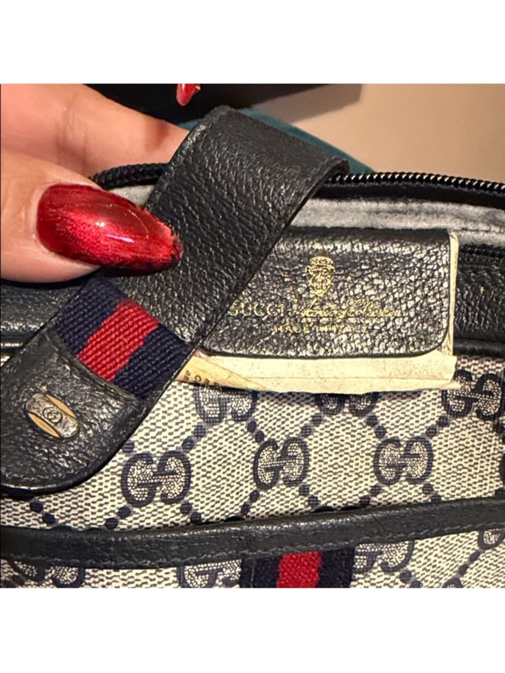 Gucci Beige GG Canvas Crossbody with Navy Trim and Red Web Stripe - Picture 2 of 4